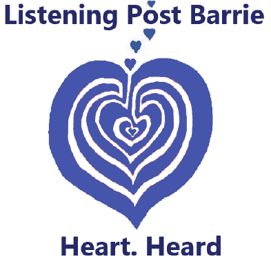 Logo for listening post which has a large hear with a maze in it and hearts extending from it with the words Listening Post Barrie. Heart. Heart.